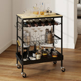 Sekey Serving Trolley with Wheels – Bar Trolley & Kitchen Trolley with MDF Top, Wine Glass Holder, Hooks & Drawer Basket, 360° Wheels, Handle, Rustproof – Black